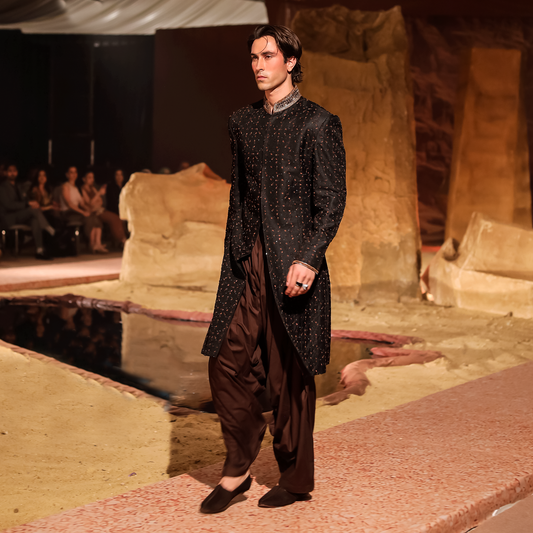 Black Satin Hand-Embroidered Sherwani with Brown Accents