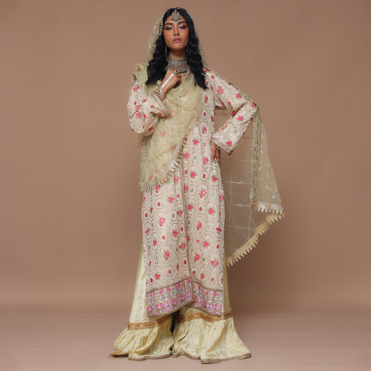 CHIKANKARI BEIGE CHIFFON 3 PC SUIT
