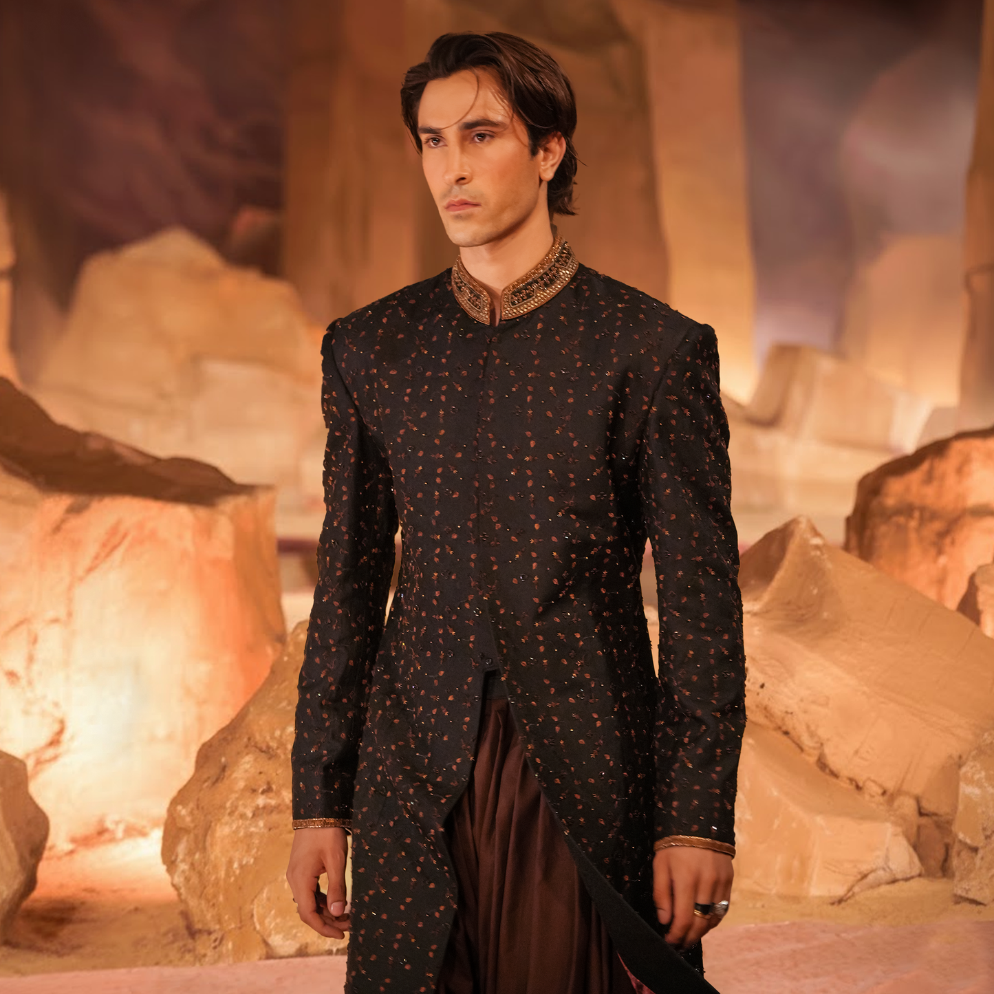 Black Satin Hand-Embroidered Sherwani with Brown Accents