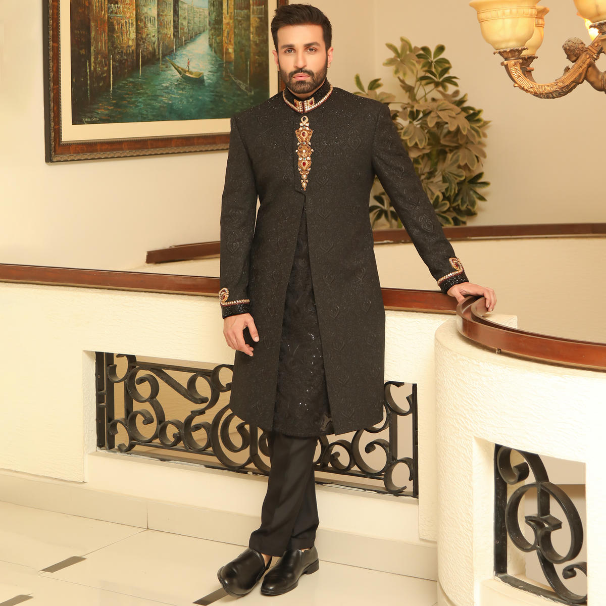 Premium Tilla Textured Black Sherwani