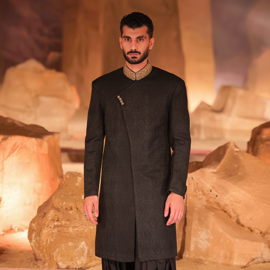 Black Jamawar Angarkha Sherwani with Hand Embroidered Collar
