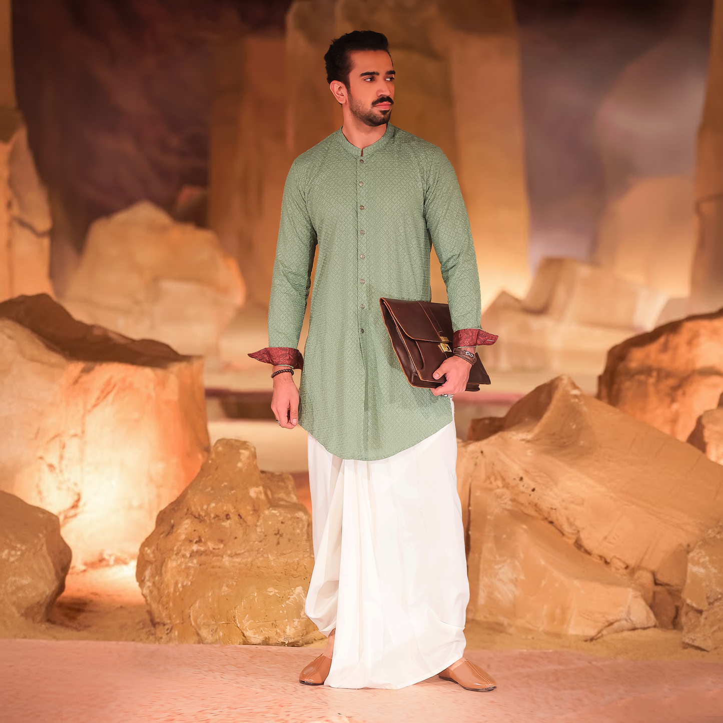 Sage Green Chikankari Cotton Front-Open Kurta with White Dhoti