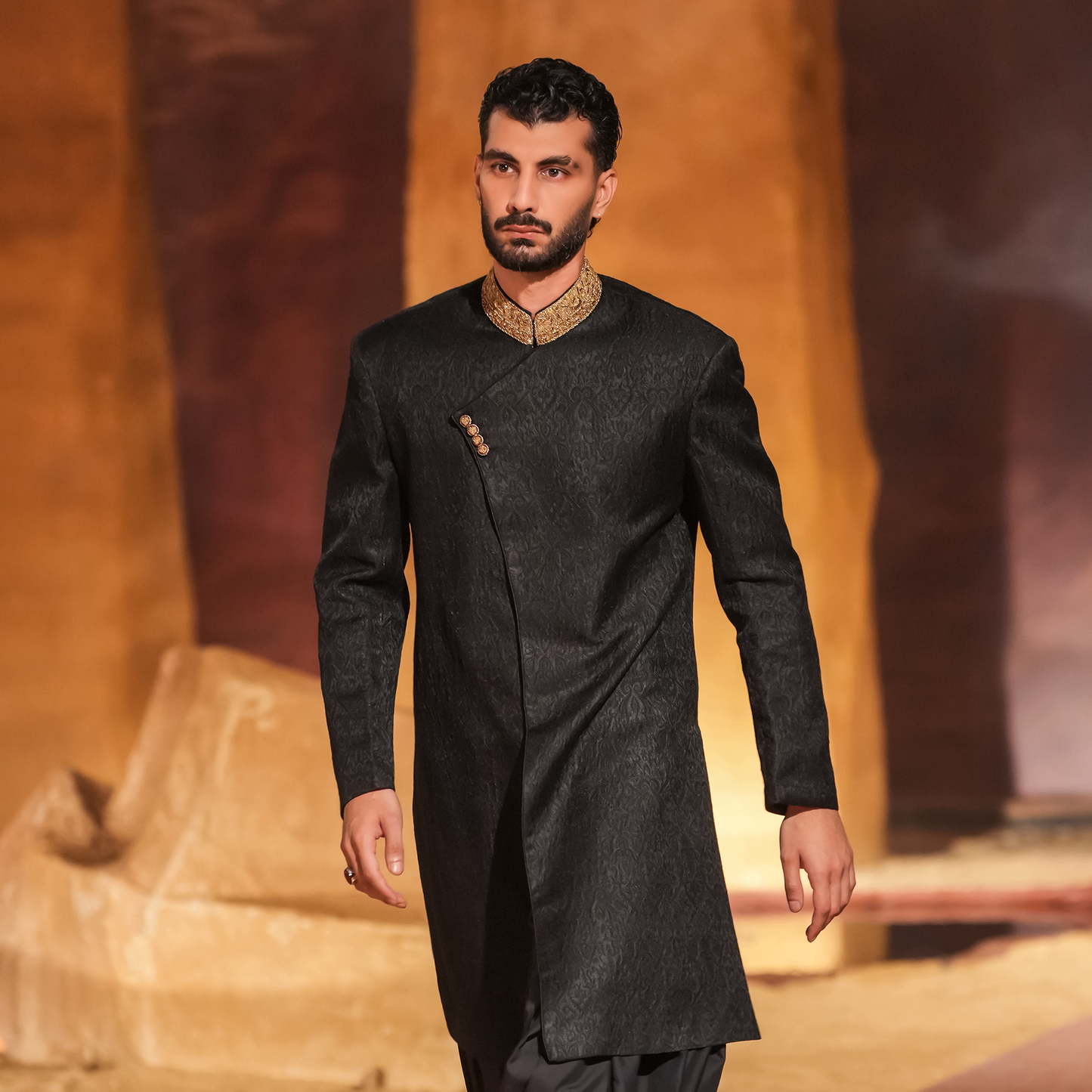 Black Jamawar Angarkha Sherwani with Hand Embroidered Collar