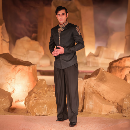 Black Jamawar Angarkha Prince Jacket with Hand Embroidery