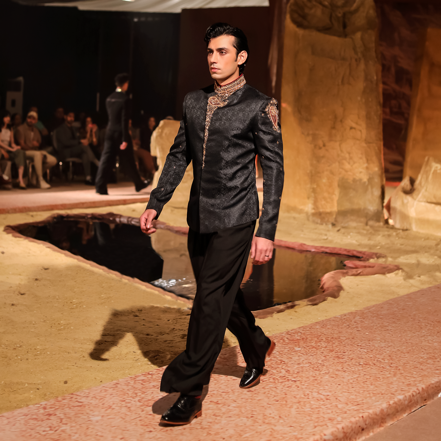 Black Jamawar Angarkha Prince Jacket with Hand Embroidery