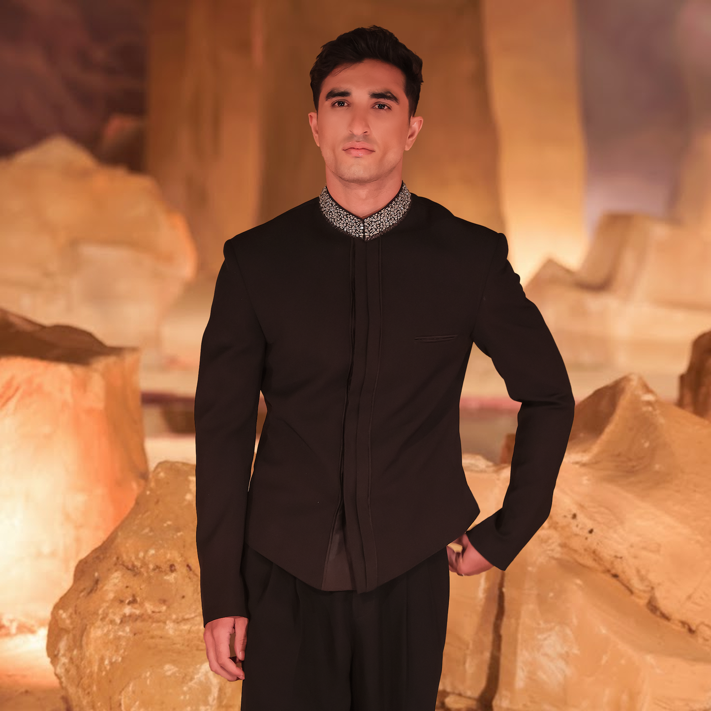 Jet Black Georgette Swarovski-Embellished Jacket with Wide-Leg Pants