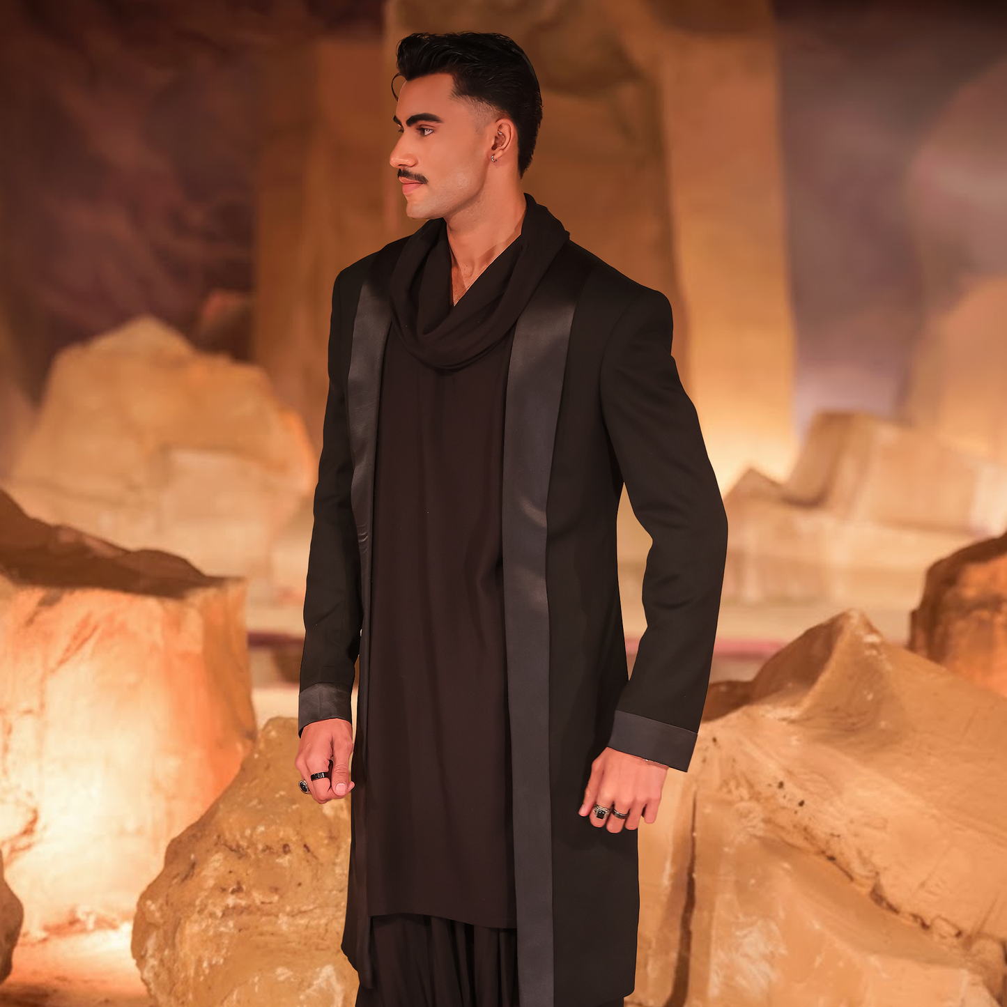 Black Linen Cowl Neck Shalwar Kameez with Front Open Sherwani