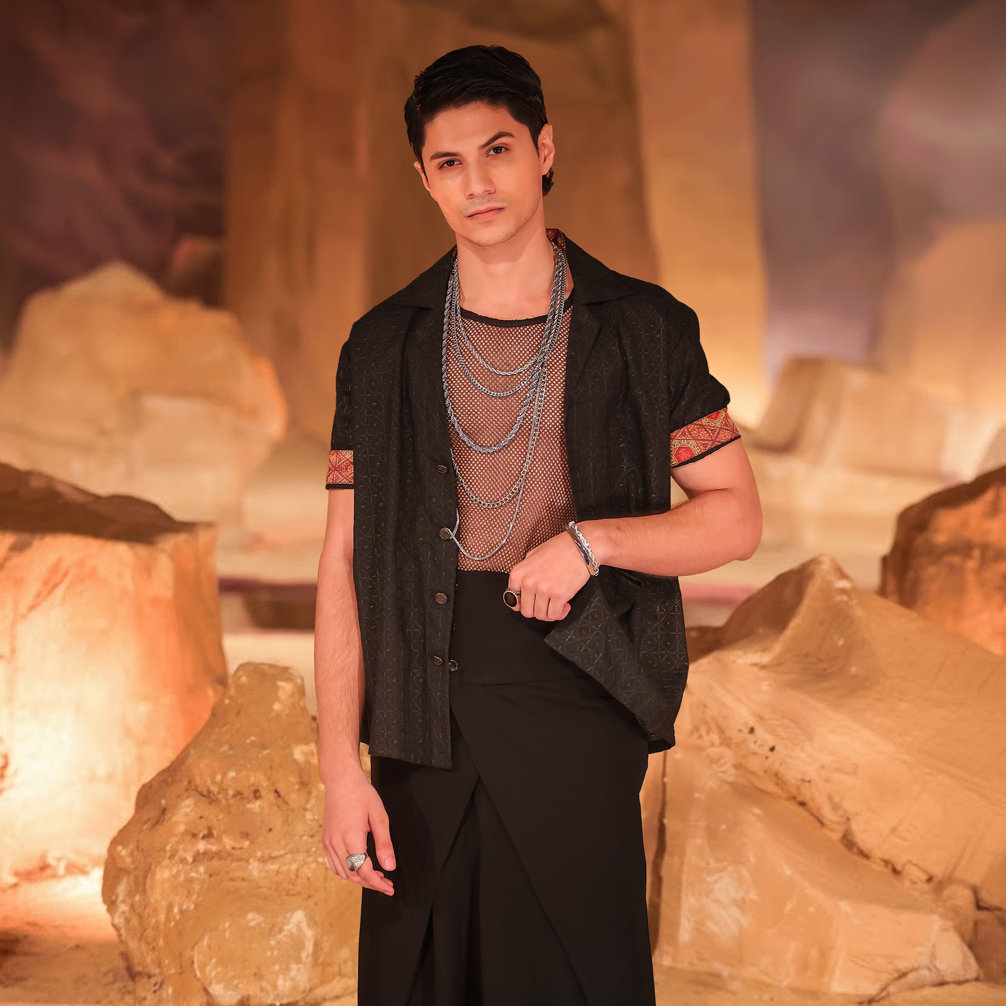 Black Cotton Embroidered Cuban Shirt