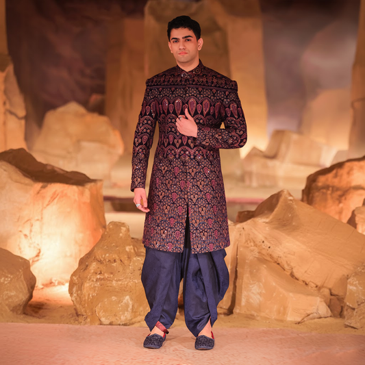 Dark Teal Velvet Embroidered Sherwani