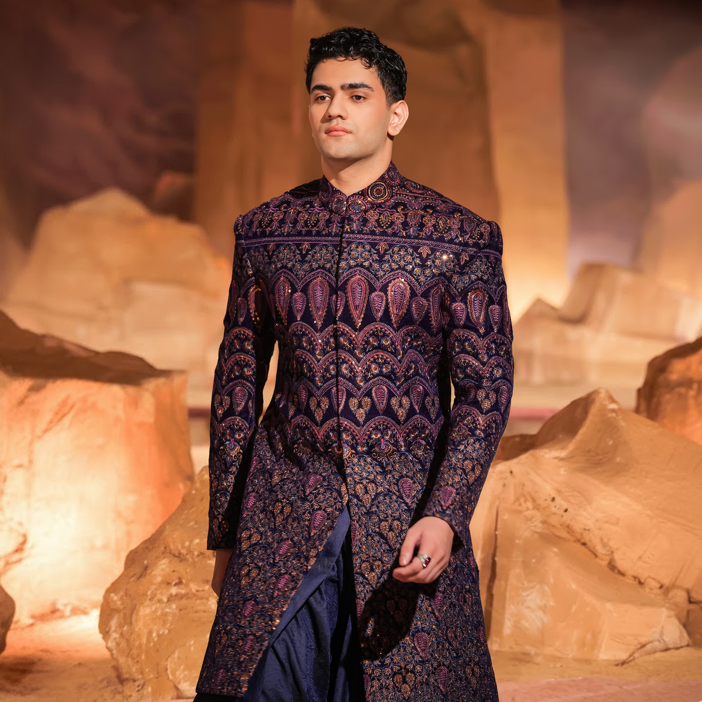 Dark Teal Velvet Embroidered Sherwani