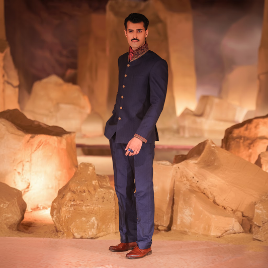 Deep Blue Textured Jamawar Prince Jacket