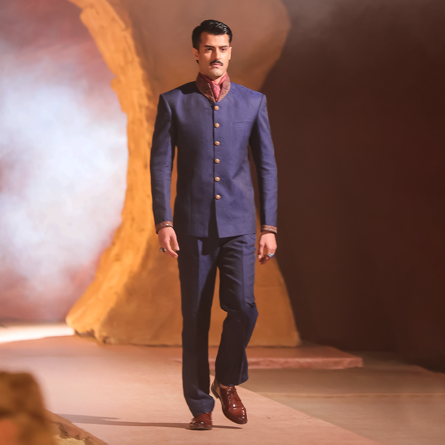 Deep Blue Textured Jamawar Prince Jacket