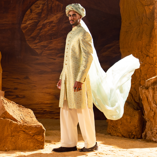 ZARI JAMAWAR MINT GREEN SHERWANI