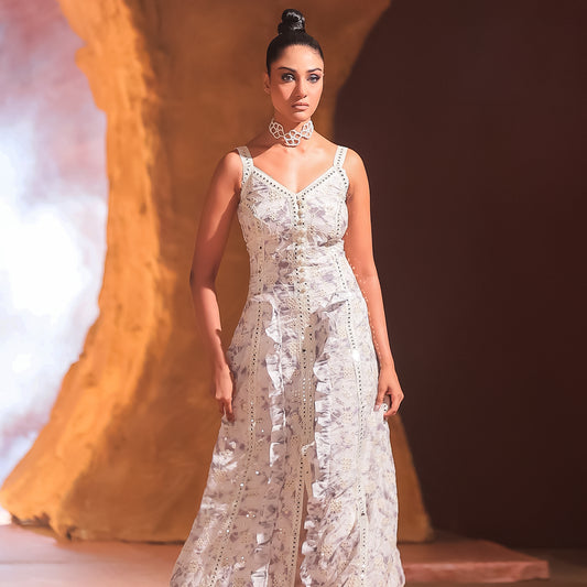 SLEEVELESS TIE-DYE MIRROR WORK GOWN