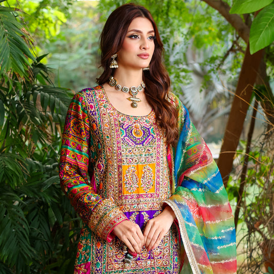 MULTICOLORED GOTA WORK WEDDING OUTFIT 3 PC