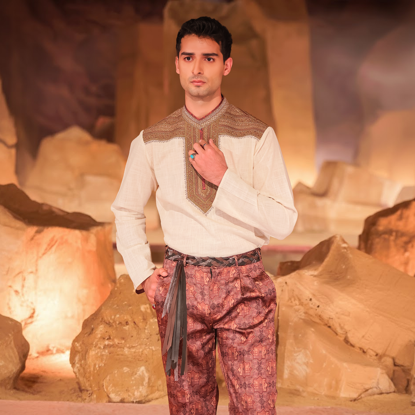 Irish Linen Embroidered Shirt with Nakhlistan Pants