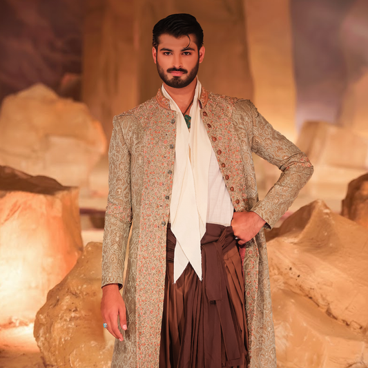 Mint Green and Pastel Pink Embroidered Panel Sherwani