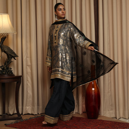 EMBROIDERED FARSHI BLACK/GOLD 3PC SUIT