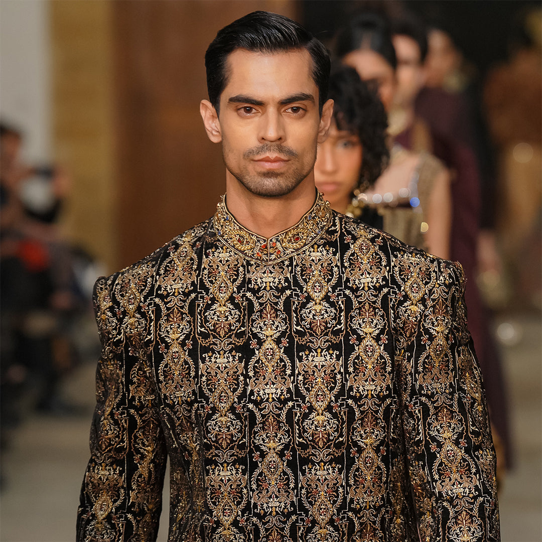 Black velvet Sherwani with Zari Embroidery