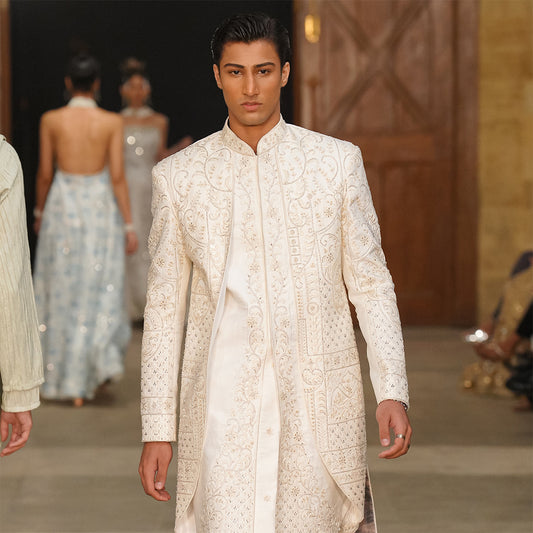 white Satin Sherwani With cut-dana Hand Embroidery