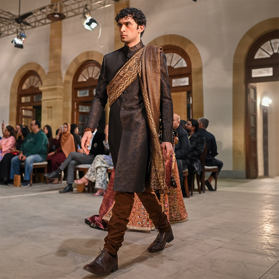 Black and brown Dhora Jamawar sherwani with premium Jamawar shawl