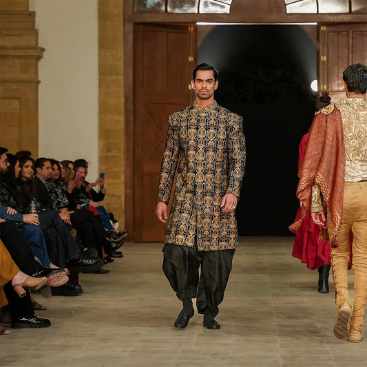 Black velvet Sherwani with Zari Embroidery