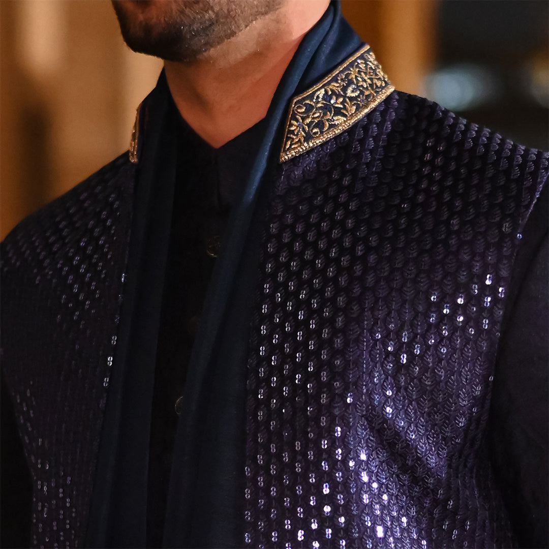 Blue Leaf Design Embroidered Waistcoat