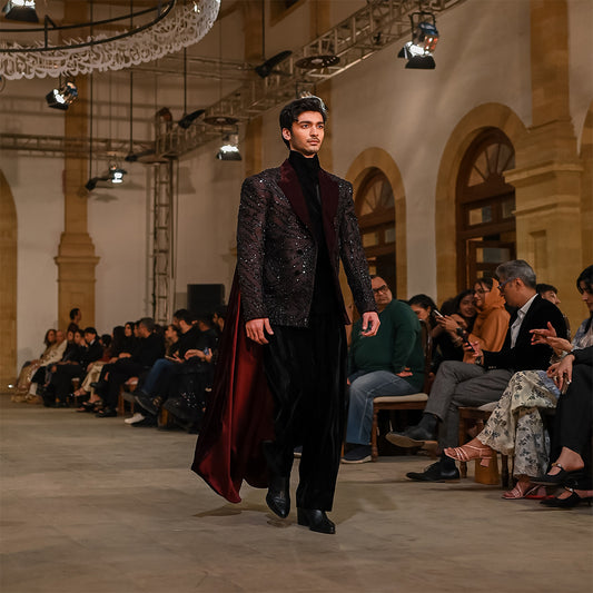 Double-Breasted Maroon Net-Embroidered Jamawar Jacket