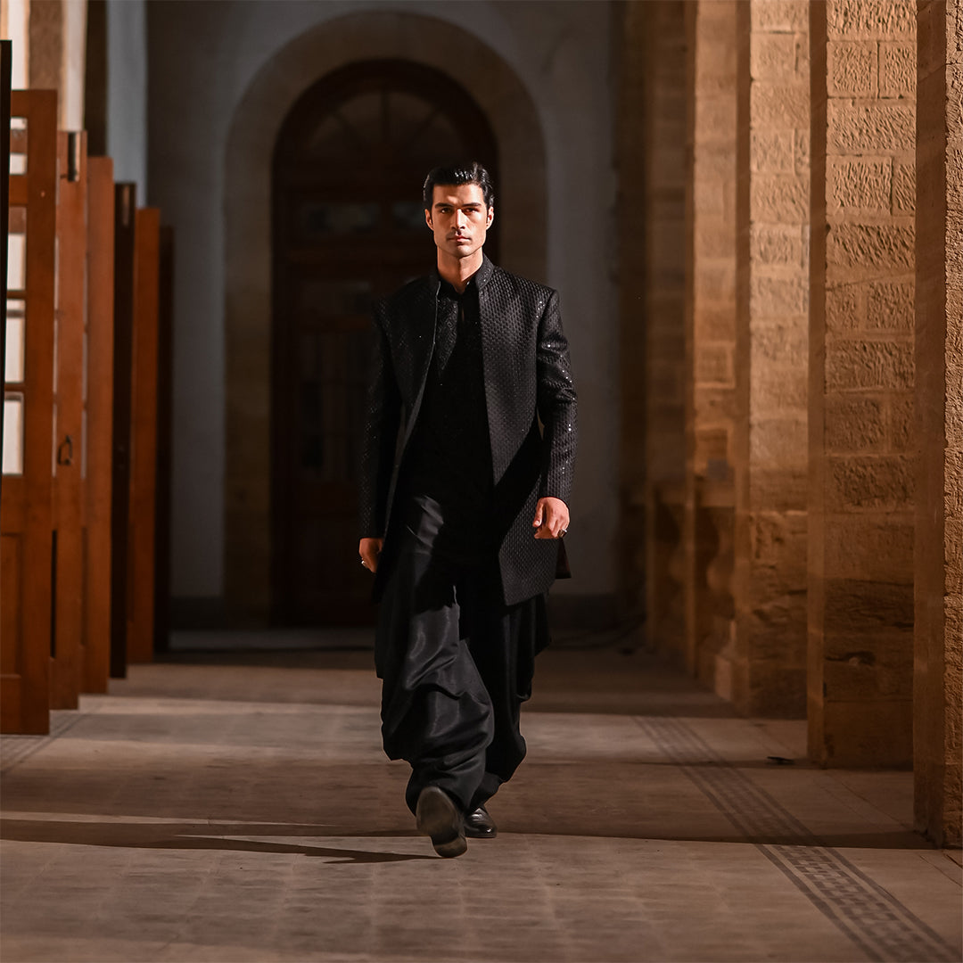 Black satin Embroidered Open-Front Sherwani