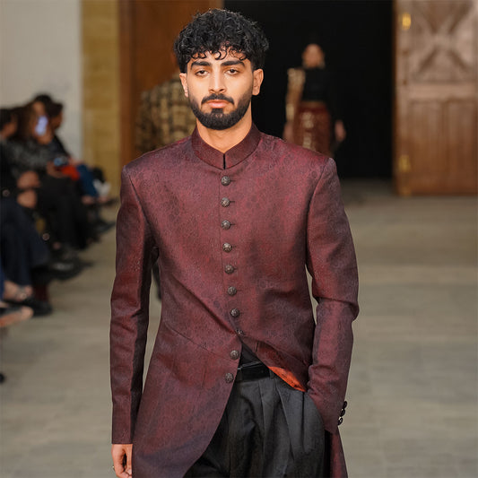 Maroon Jamawar Long Coat