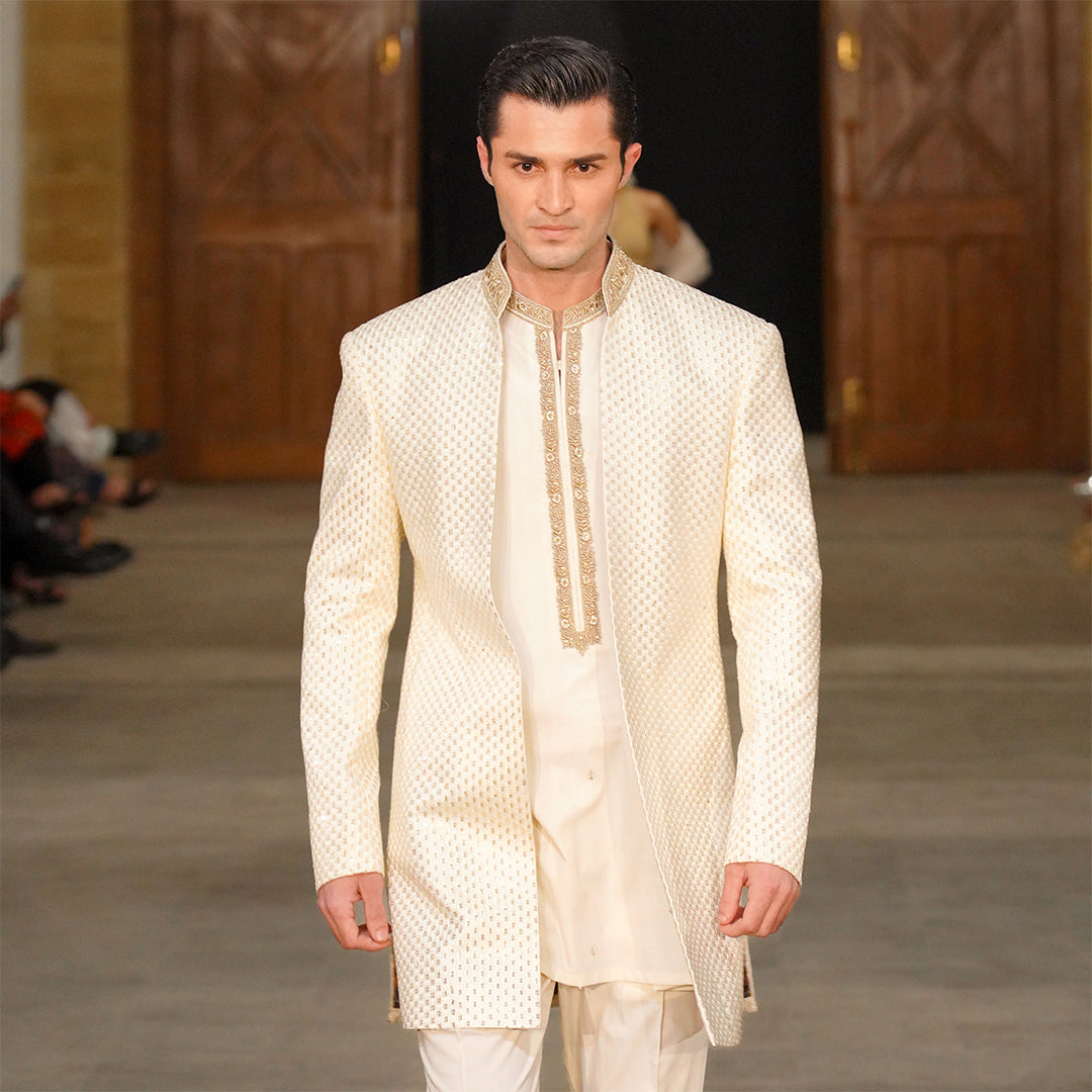 Cream Satin Silk Open Front Sherwani