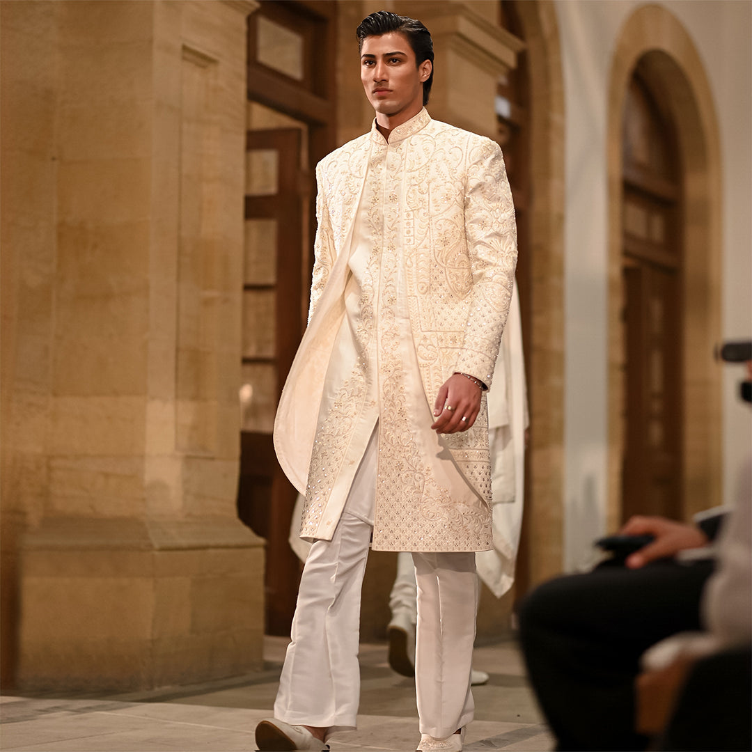 white Satin Sherwani With cut-dana Hand Embroidery