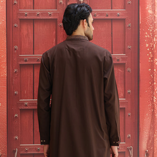 POLY VISCOSE BROWN CLASSIC FIT EMBROIDERED SUIT