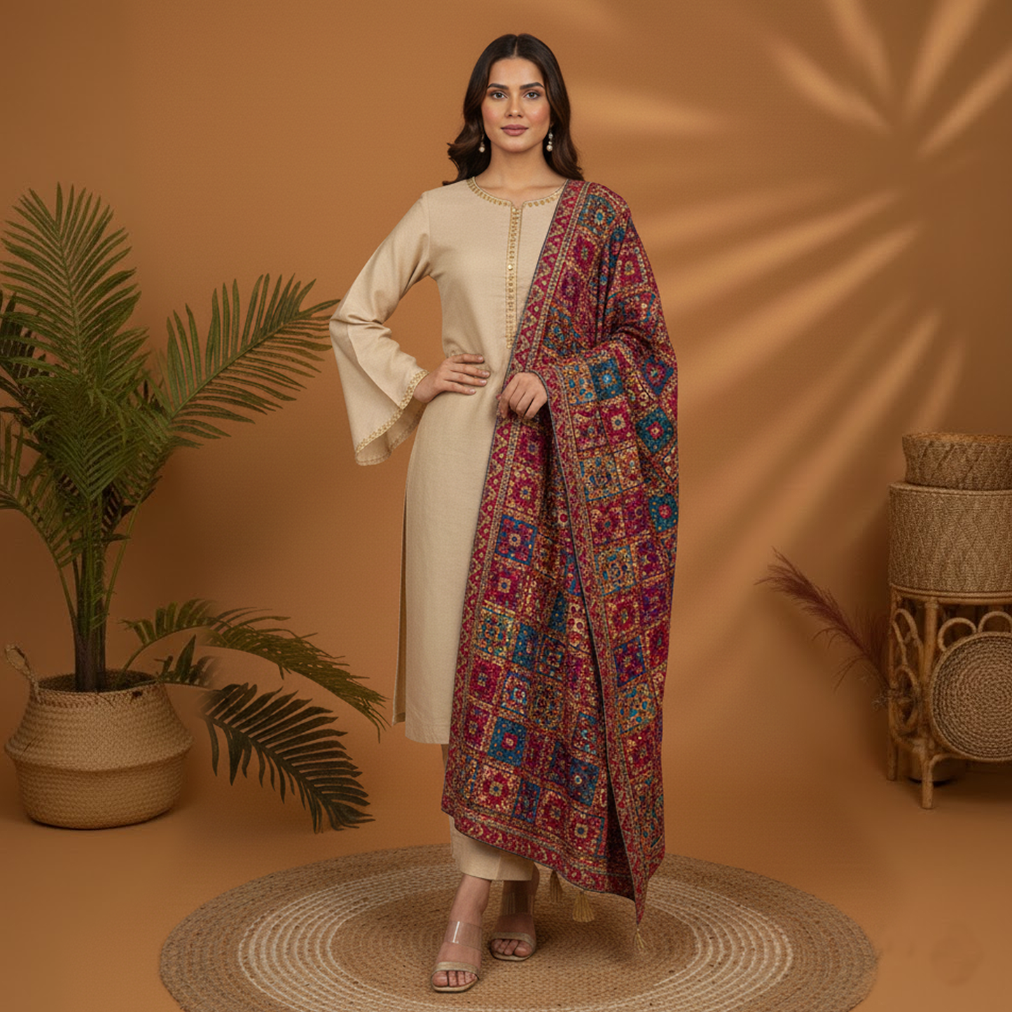 Beige Raw Silk Dress with Emb Shawl