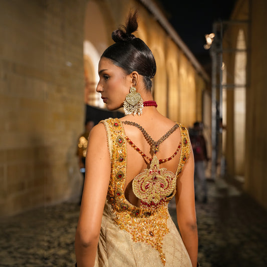 Beige and Gold Vintage Embroidered Couture Dress