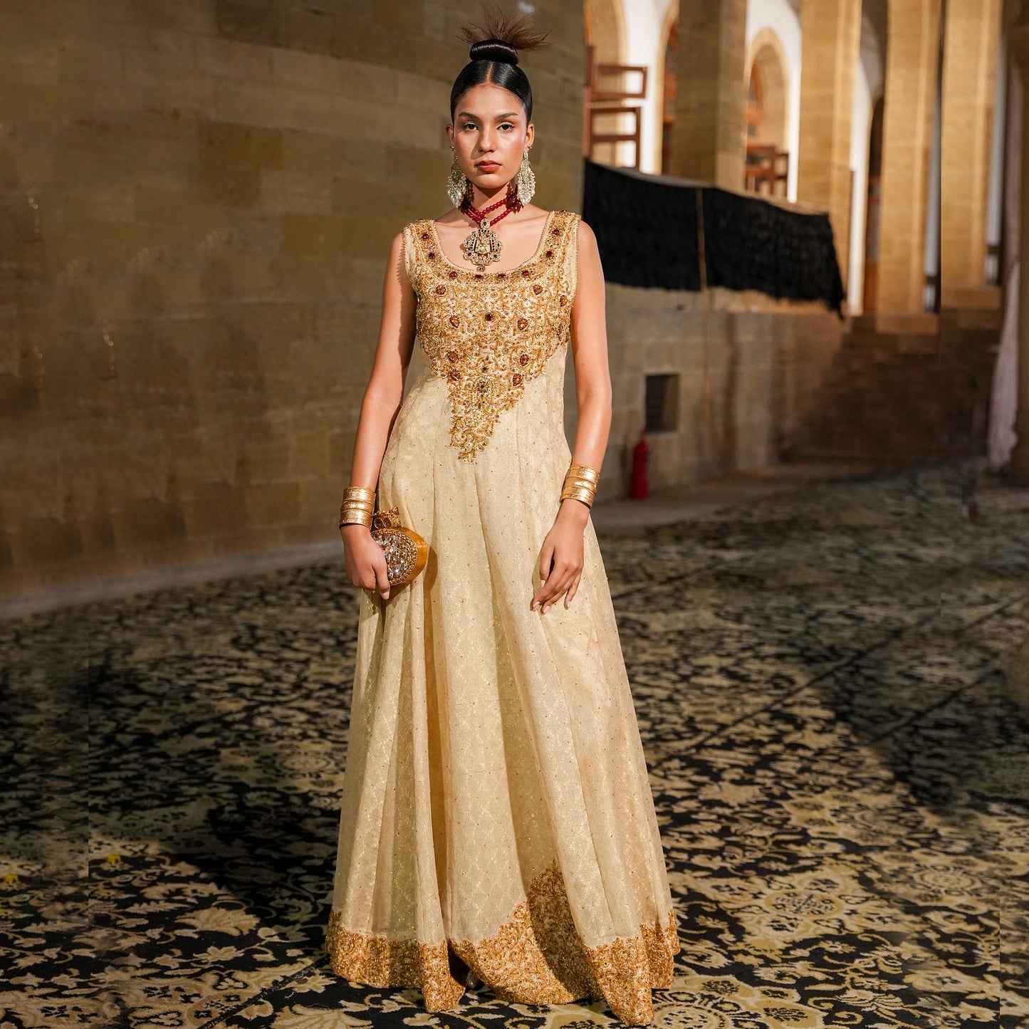 Beige and Gold Vintage Embroidered Couture Dress