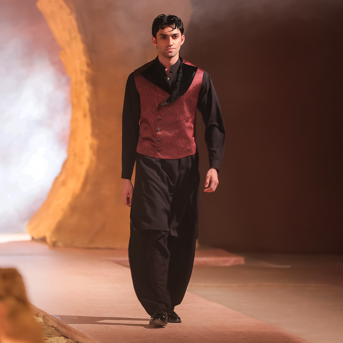 Black PV Kameez Shalwar with Red Printed Silk Waistcoat