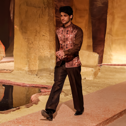 Brown PV Shirt with Gold Jamawar Pants and Nakhlistan Waistcoat