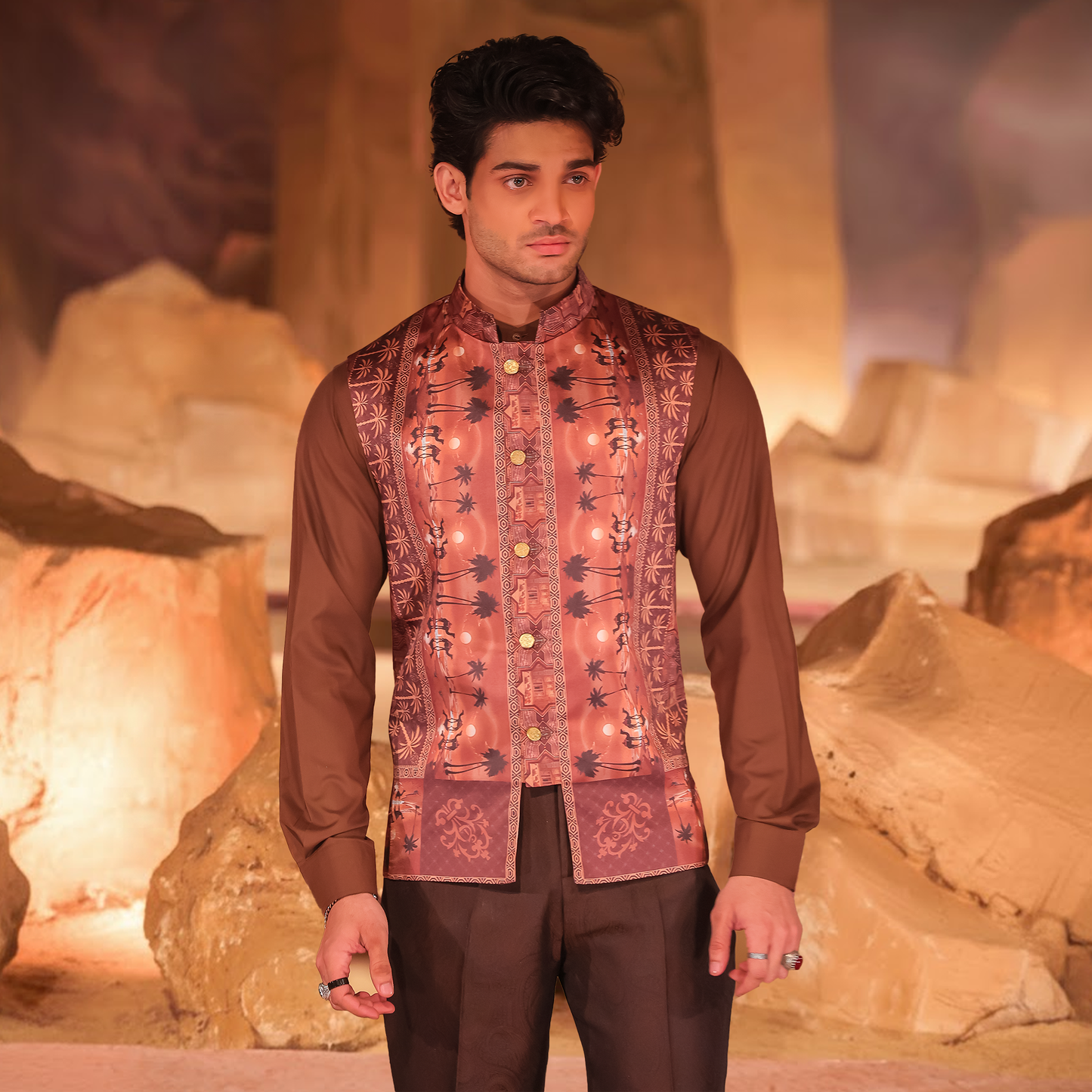 Brown PV Shirt with Gold Jamawar Pants and Nakhlistan Waistcoat