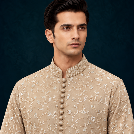 Chiffon Beige Emb Band Collar Suit