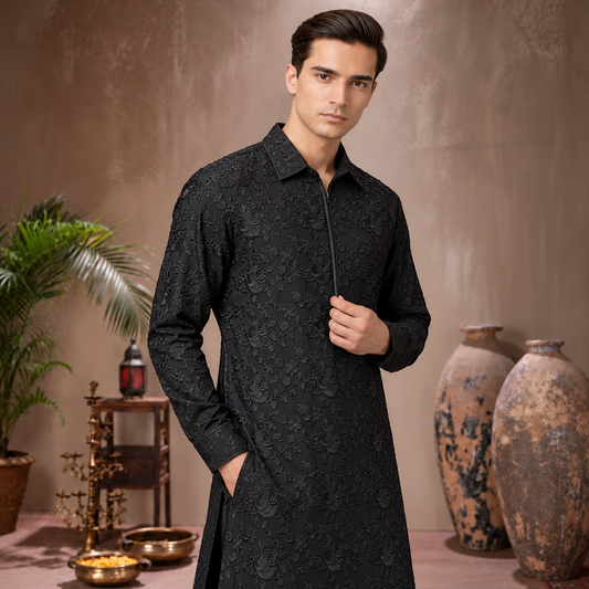 Chiffon Black Emb Shirt Collar Suit