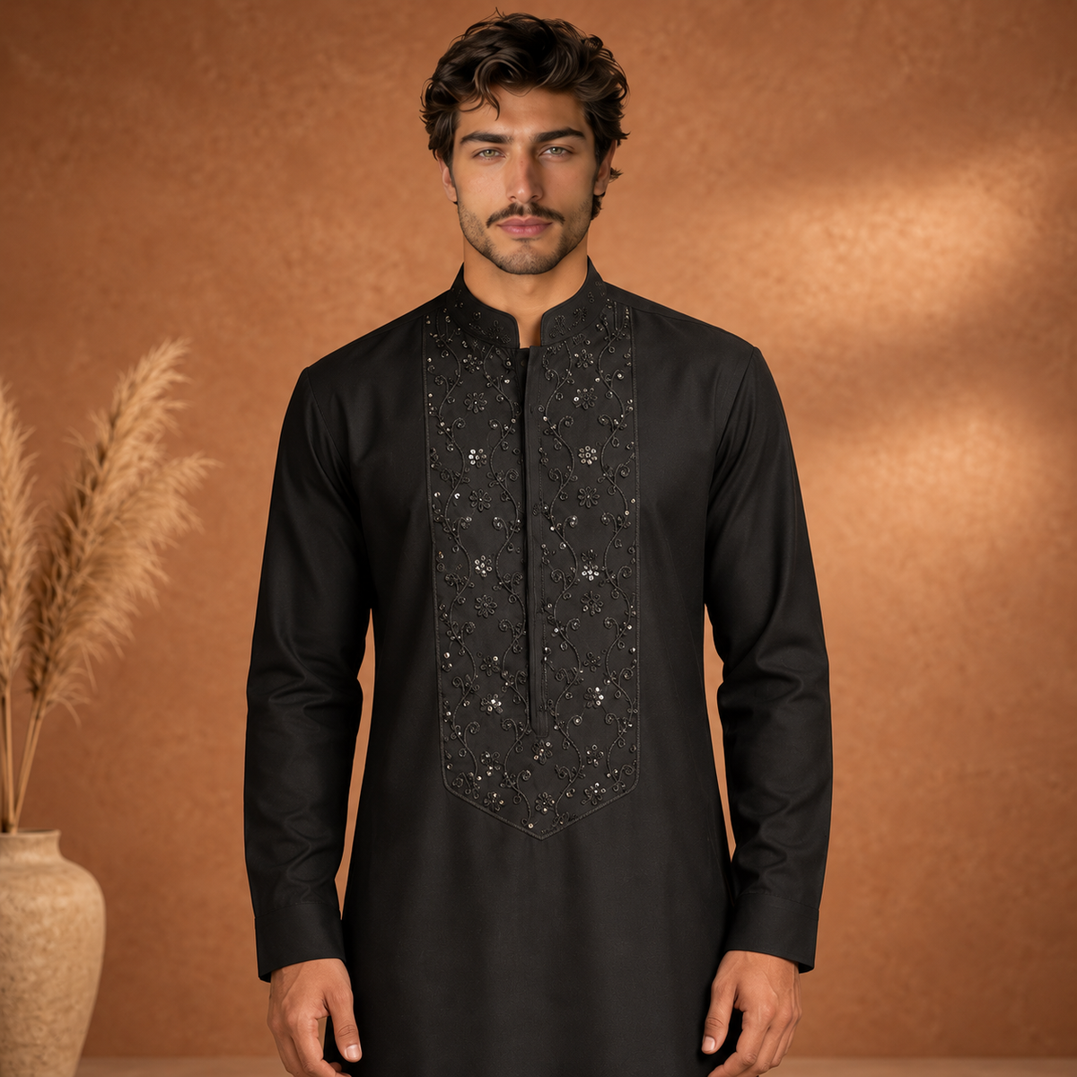 Chiffon Black Sequin Emb Collar Suit