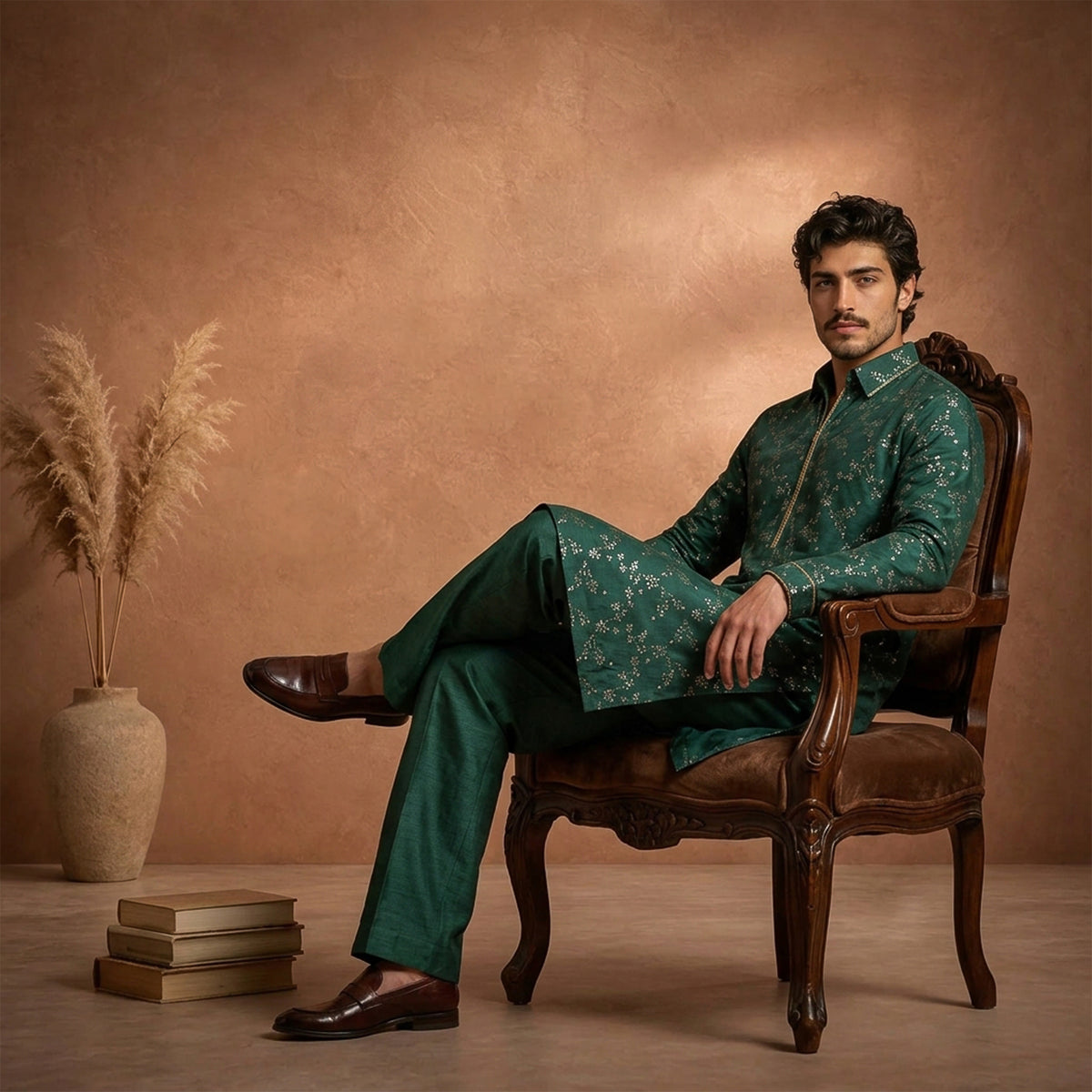 Chiffon Green Emb Shirt Collar Suit