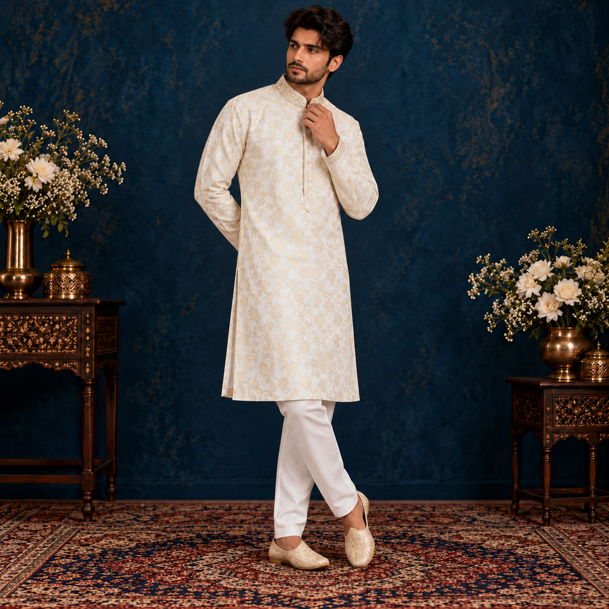 Chiffon Jamawar White Emb Collar Suit