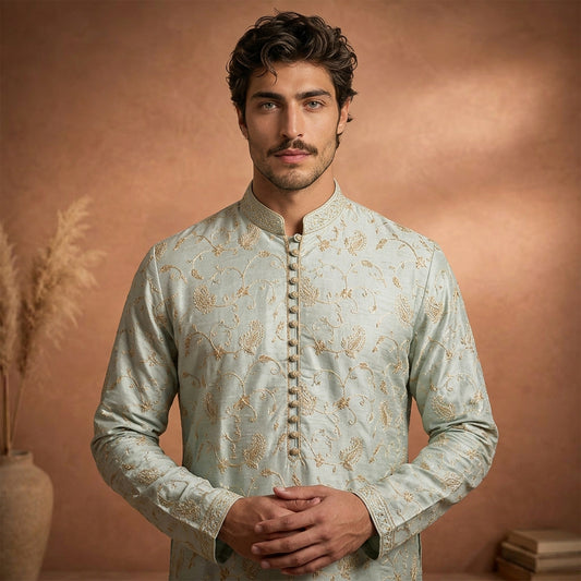 Chiffon Pastel Blue Emb Band Collar Suit