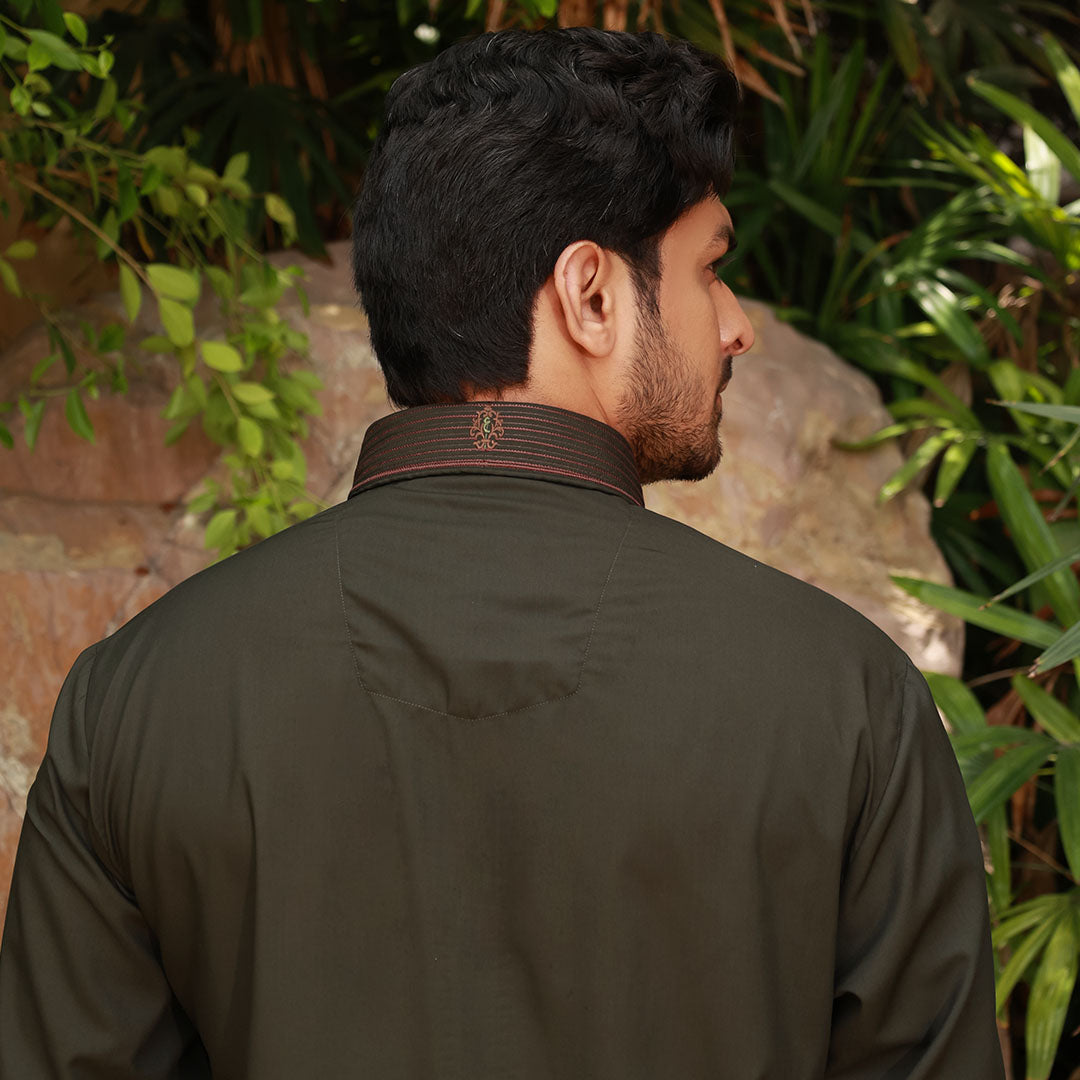 Classic Fit Black Olive Emb Shirt Collar Suit