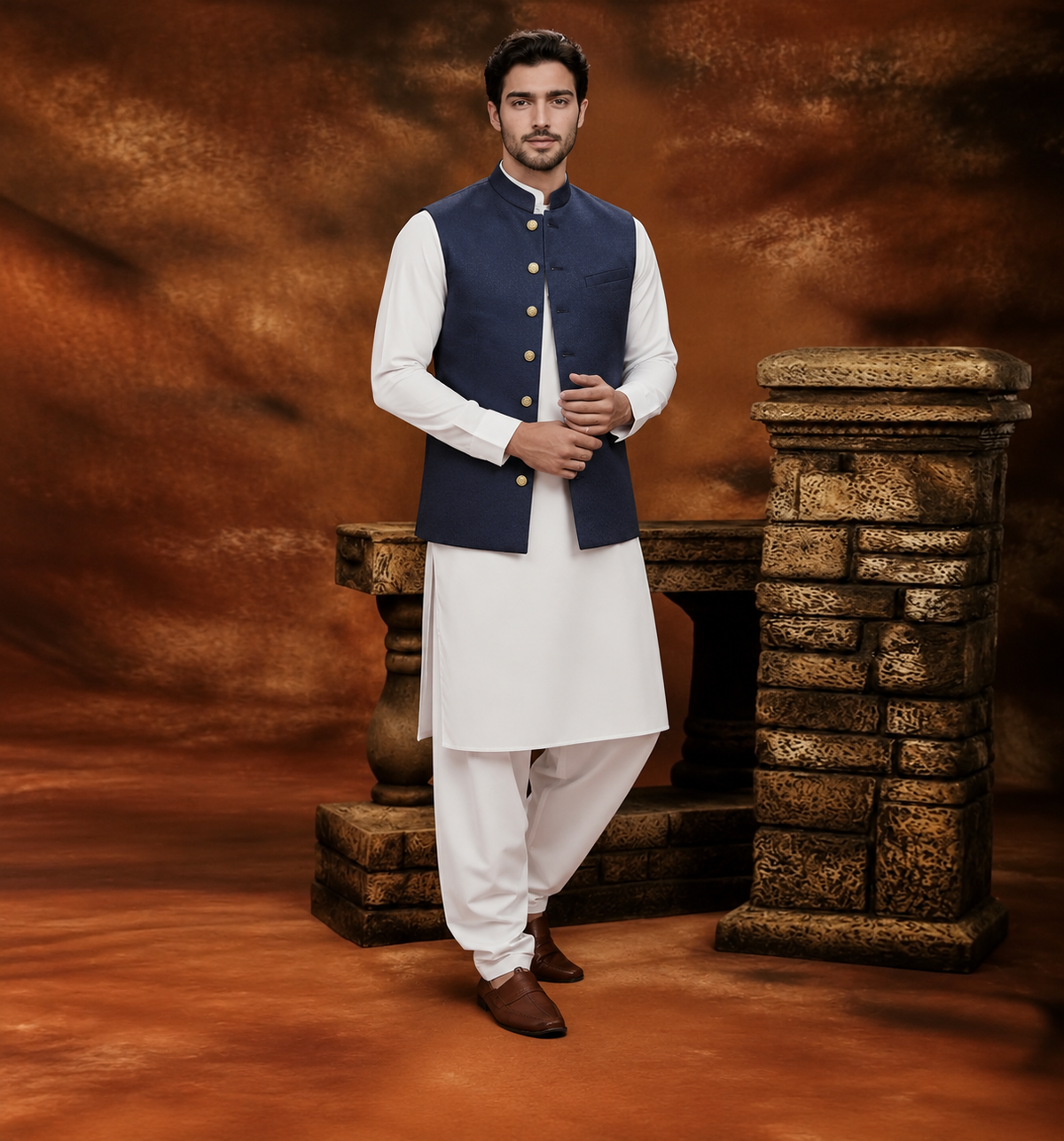 Classic Jamawar Blue Traditional Waistcoat