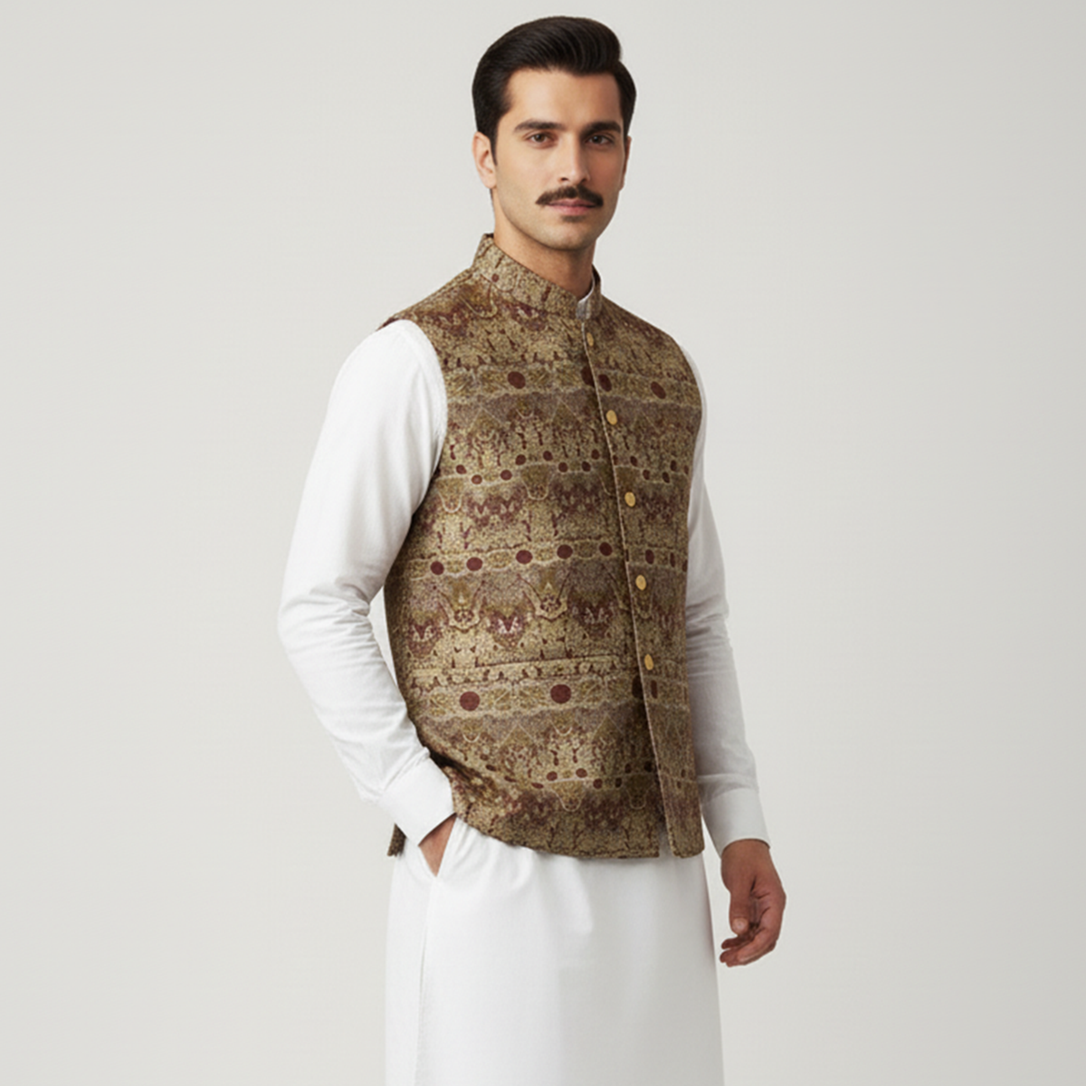 Classic Viscose Jamawar Maroon Waistcoat