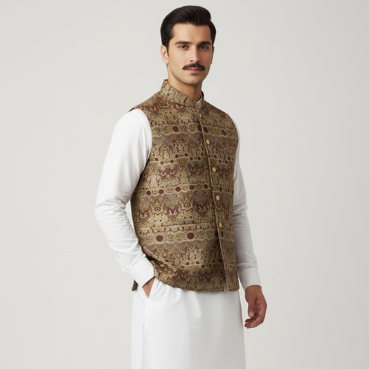 Classic Viscose Jamawar Maroon Waistcoat