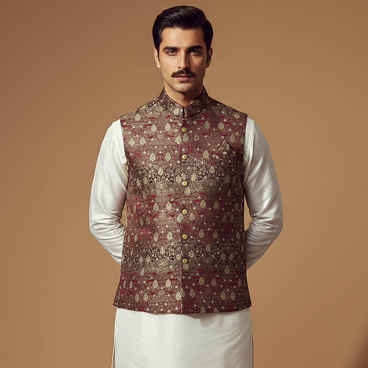 Classic Viscose Jamawar Red Waistcoat